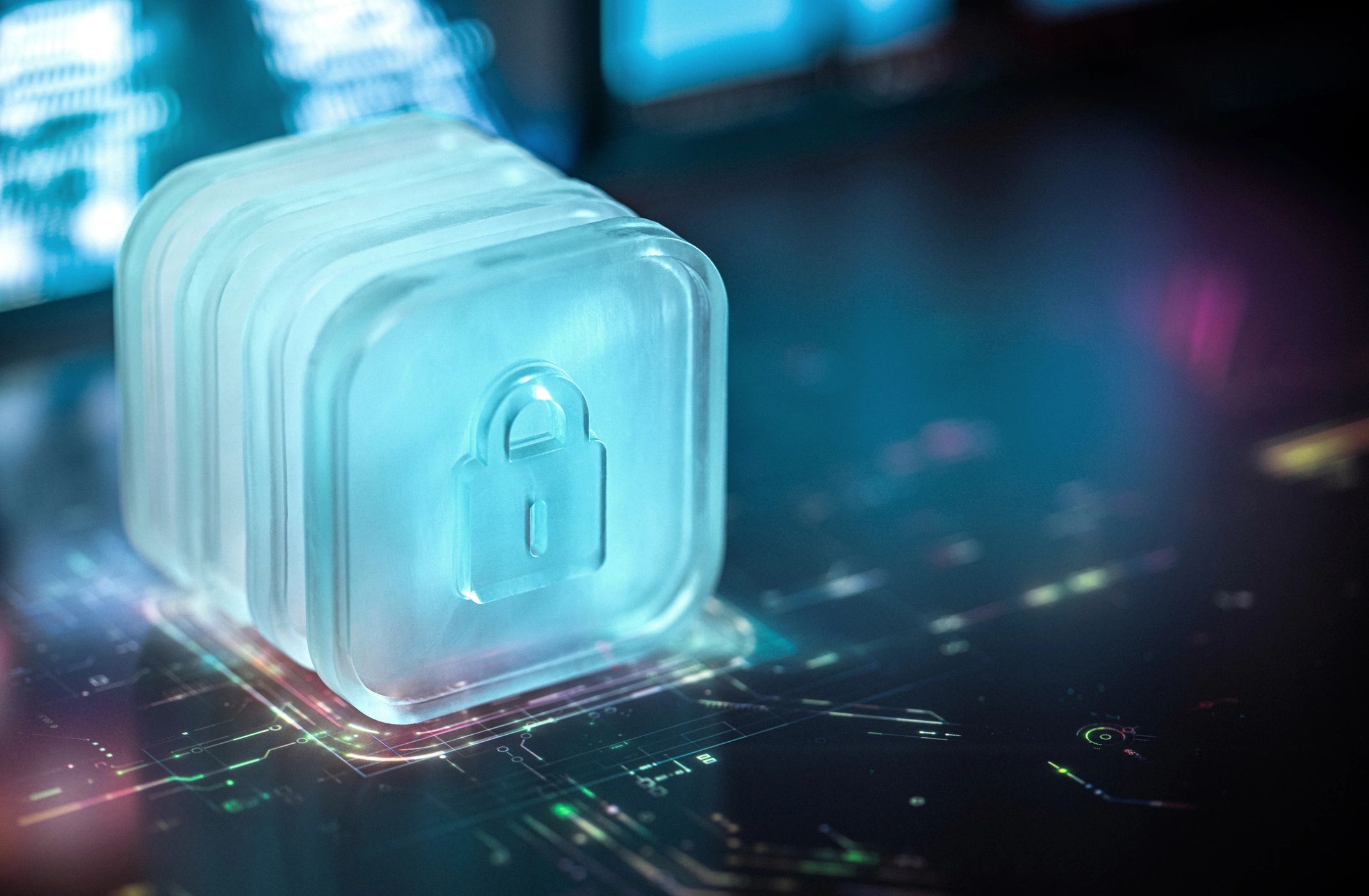 Digital lock on abstract data background representing risk control and protection